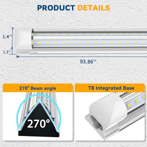 JESLED 8FT LED Shop Light, 100W 15000LM 6500K Cool White, High Output, V Shape, T8 Linkable 8 Foot Tube Lights for Garage, Warehouse, Plug and Play, Clear Cover, 10 Pack