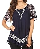 Sakkas 16482 - Ash Speckled Tiedye Embroidered Cap Sleeve Blouse Top With Embroidery Hems - Navy - OS