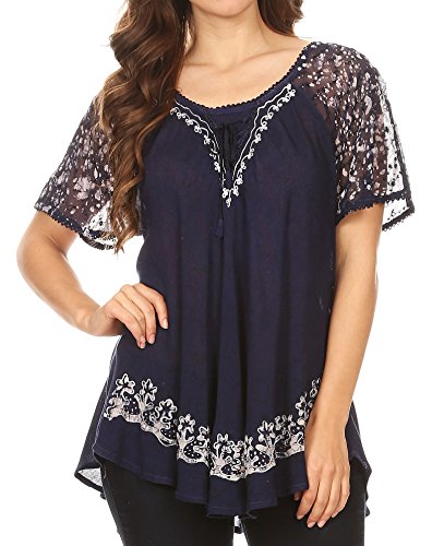Sakkas 16482 - Ash Womens Short Sleeve Casual Tops Tie Dye Shirts Loose Blouse Shirts - Navy,One Size Regular