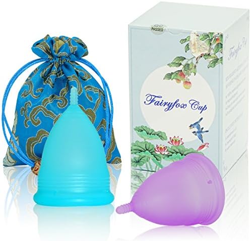Menstrual Cup By Fairyfox Set of 2 Periods Kit with Silk Brocade Bag - Soft Comfort Fit, Reusable Menstrual Cups (Large, Blue&amp;Purple)