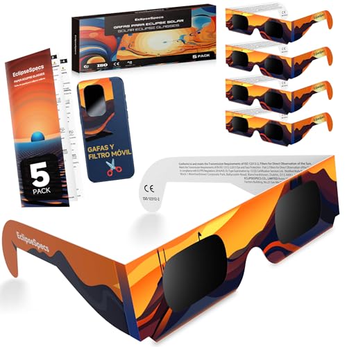 Paquete de 3/5/10/25 Gafas Eclipse Solar Homologadas ISO 12312-2 & Certificación CE - Seguras para la observación directa - Gafas para ver eclipses solares - AAS Lista - Eclipse total 2026