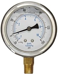Pic Gauge 201l 254cf relleno de glicerina Industrial Monte Medidor de presión inferior con acero inoxidable caso, latón Internals, tamaño de lente de plástico, 2 1 2" Dial, tamaño de 1 4" macho NPT Conexión, Rango de 30 0 150 PSI