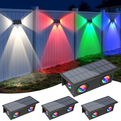 Applique Solaire Extérieur RGB, 4 Pièces 7 Couleur Applique Murale Solaire avec 4 LEDs, Changement de Couleur Lampe Exterieur Solaire, IP65 Étanche pour Clôture, Escaliers, Balcon, Porche