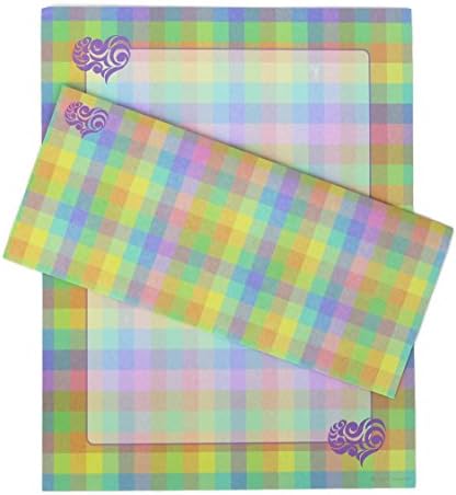Super Plaid - Multi-colored pastel plaid with hearts 8.5 x 11 recycled 70# letterhead invitation stationary with No 10 envelopes - 50 ea.