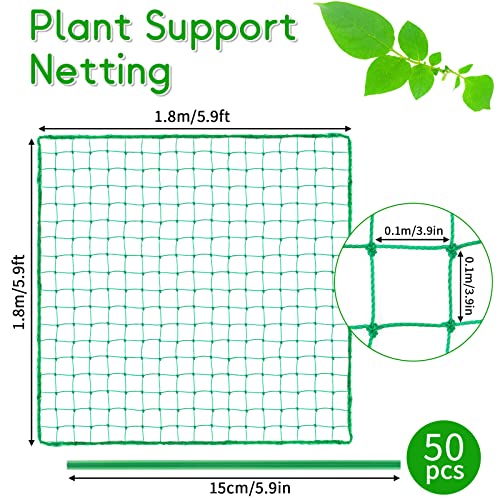 Plant Support Netting - Vaktop Pea Netting with 50pcs Plant Ties, Plants Climbing Net, Nylon Trellis Mesh - for Climbing Plants, Bean Vegetables Fruits (1.8m x 1.8m)