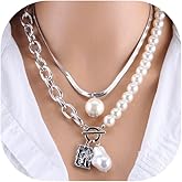 Chunky Gold Layered Choker Necklaces for Women,Vintage Silver Baroque Pearl Pendant Necklaces Set Herringbone Chain Collar Necklaces Jewelry Gifts
