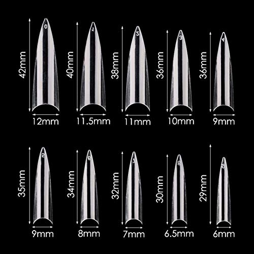 Mwoot 600Pcs Long Stiletto Nail Tips Set, Sharp Ending Fake Nail Art Tips 10 Sizes, Full Cover French Acrylic False Nails Half Tips for DIY Salon Manicure Extension (Clear)