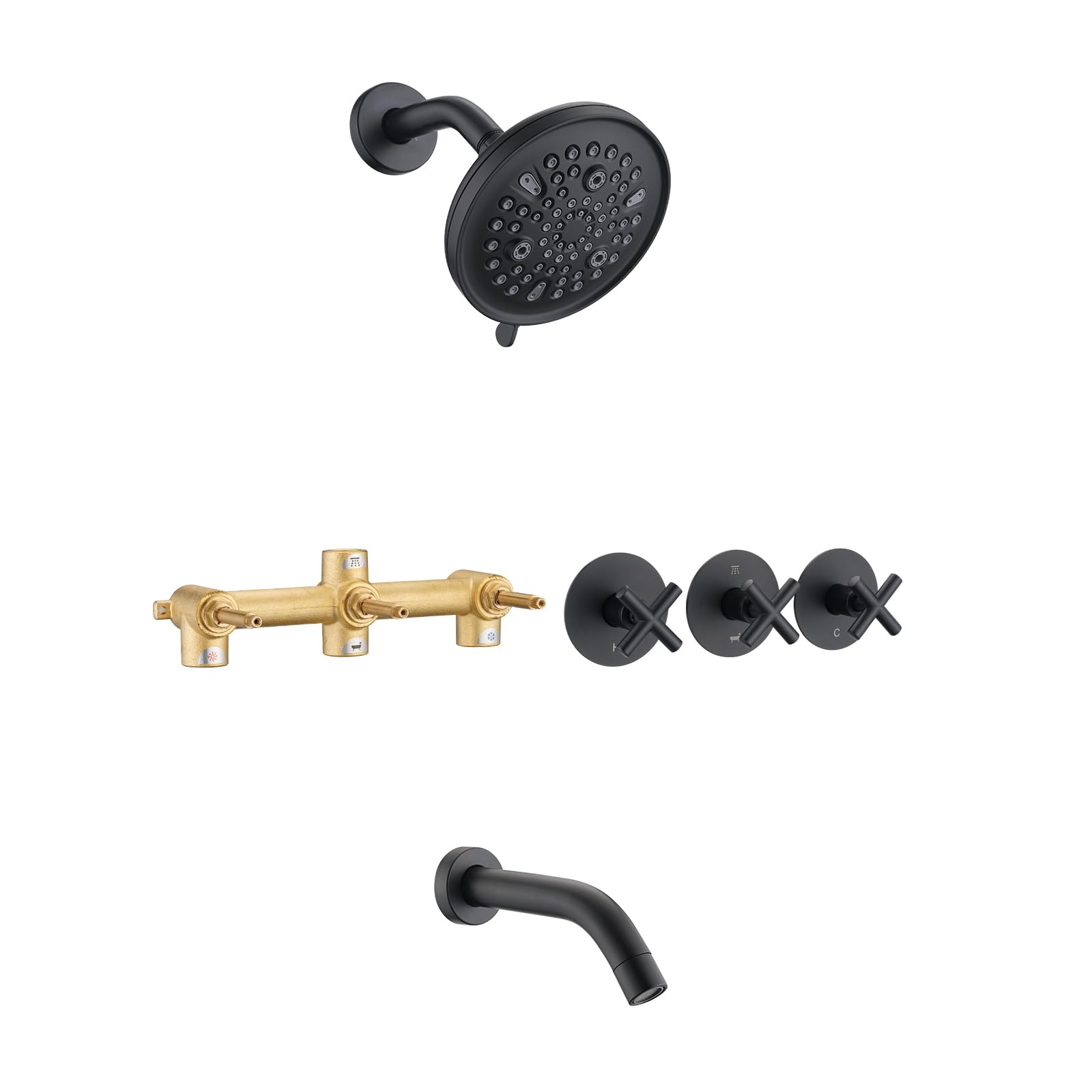Photo 1 of ***** MISSING LARGE SHOWER HEAD ***** PROOX 3 Handle Tub Shower Faucet Set, 9-Setting Rainfall Shower Head with Tub and Shower Trim Kit with Rough-in Valve, Matte Black Bathtub Shower Faucets, Wall Mounted Bathroom Rain Shower System