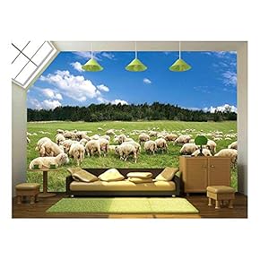 a Lot Sheep on The Beautiful Green Meadow - Removable Wall Mural | Self-Adhesive Large Wallpaper - 66x96 inches