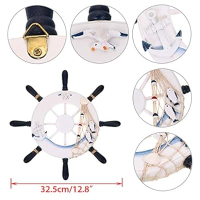 Skelang 13" Wooden Ship Wheel and Wood Anchor with Fish Rope Net Seashells Ornaments, Boat Steering Rudder Decor for Nautical Theme Wall Decor, Beach Theme Home Decoration, Pack of 2 51xyKj88vYL