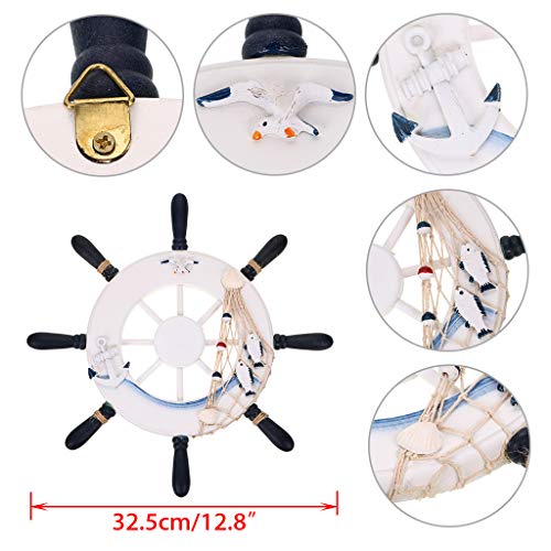 Skelang 13" Wooden Ship Wheel and Wood Anchor with Fish Rope Net Seashells Ornaments, Boat Steering Rudder Decor for Nautical Theme Wall Decor, Beach Theme Home Decoration, Pack of 2