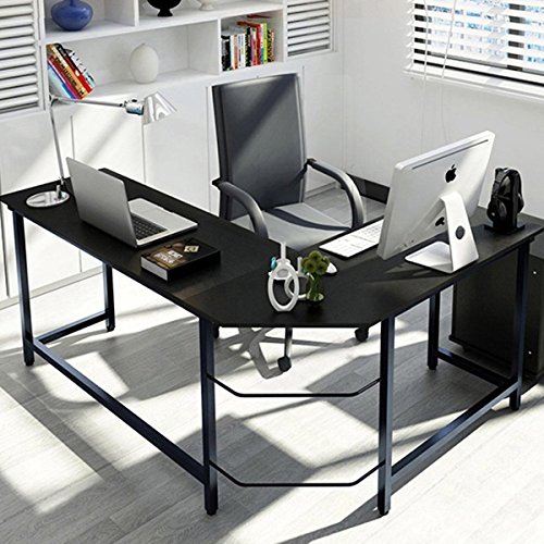 Corner Desk,Pexfix L-Shaped Wood Metal Corner Computer Desk PC Laptop Study Table with Bookshelf for Office or Home Use,Black - Thumbnail 5