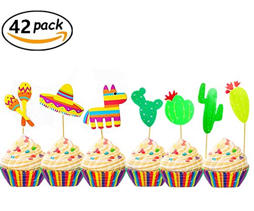 42 Pcs JeVenis Fiesta Cupcake Toppers Mexican Fiesta Party Cake Decoration for Mexican Themed Cactus Donkey Taco Pepper Sombrero Mustache Party Decorations