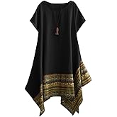 Minibee Women's Ethnic Cotton Linen Short/Long Sleeves Irregular Dress