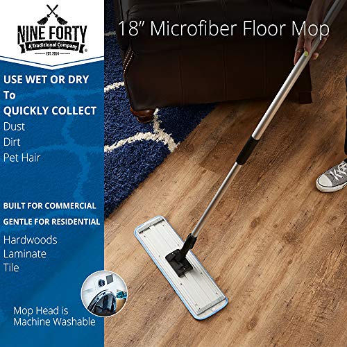 Nine Forty Microfiber Wet Dry Dust Mop Head for Hardwood Floor Set | Handle | 18 Inch Flat Pad Broom