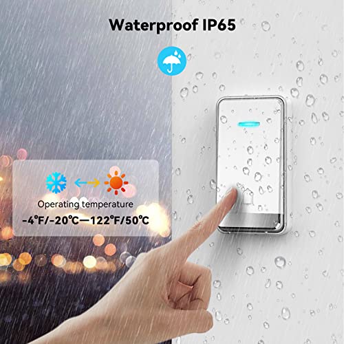 TECKNET Self-Powered Doorbell, Waterproof IP65 Twin Wireless Doorbell No Battery Required Push Button Plug Through Cordless Door Chime at 1300ft Range with 60 Chimes, 5-Level Volume & LED Light