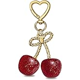 Floramos Cute Cherry Keychain Gold Bow Keychains Womens Chic Bag Charms Handbags Purse Car Keyring Fashion Accessories