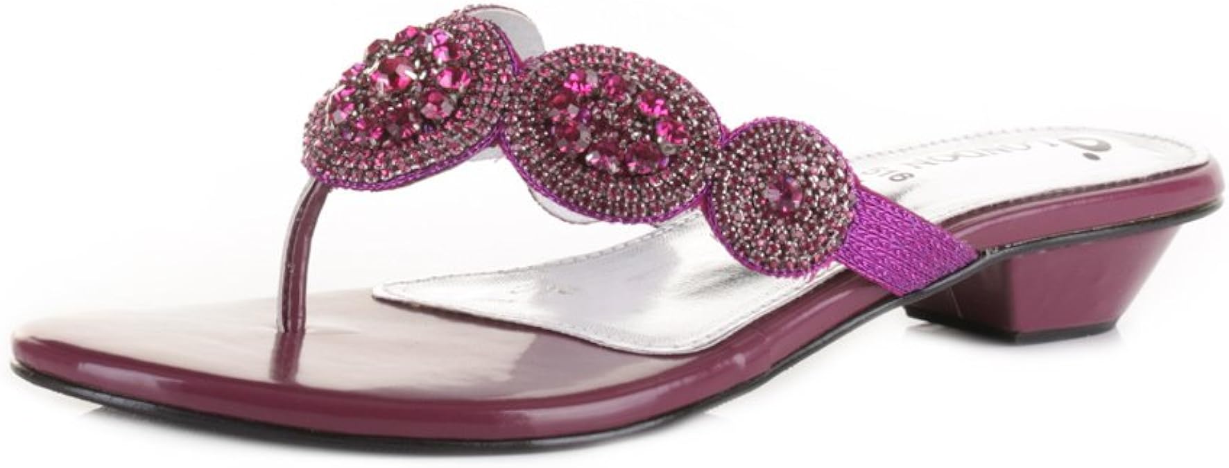 Womens Low Heel Toe Post Magenta Diamante Gem Embellished Party Sandals