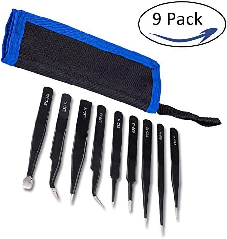 9pcs ESD Tweezers Tools Kit,Precision Anti-static Tweezers Set Non-magnetic Multi-standard Stainless Steel Tweezers for Electronics, KALAIDUN Jewelry-making, Laboratory Work