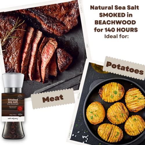 SALT ODYSSEY GRINDER SALT, PURE SEA SALT FOR SEASONING MEAT, FISH AND CHICKEN, 100% NATURAL SEA SALT FROM GREECE, GOURMET NATURALLY SMOKED SEA SALT MILL GRINDER (7.05 OZ.)