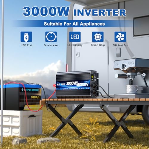 Inverter 12V 230V 3000W/6000W Modified Sine Wave Inverter Voltage Converter with 2 AC Outlets and USB and Type-C Port for Cars, Campers and Vehicles