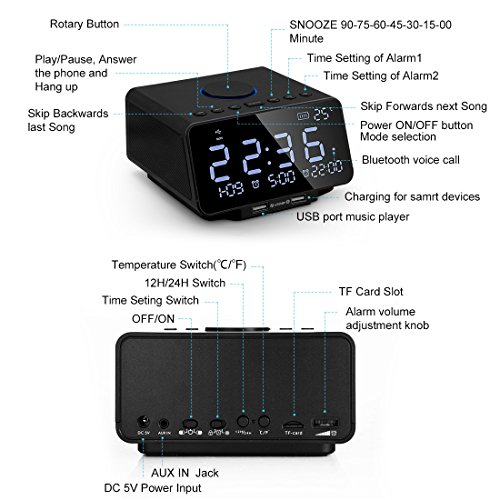 Digital Alarm Clock with Snooze and Battery Backup, FM Radio Dual USB Charging Bluetooth Speaker Aux Line-in for Bedrooms Kids Home Hotel Office (Black)