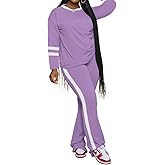 PINSV 2 Piece Sets for Women Fall Casual Outfits Long Sleeve Top and Flare Pants Lounge Sets Track suit