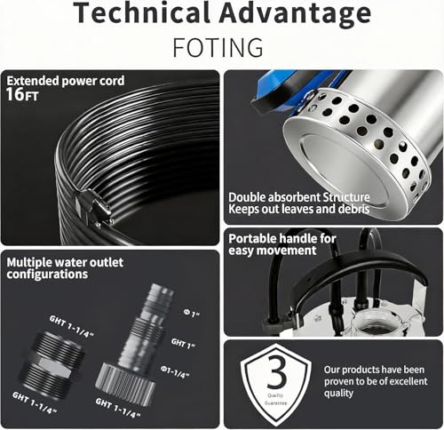 Full 304 Stainless Steel Submersible Water Pump 1HP 4600GPH with Automatic Float Switch, Utility Pump for Pool Draining Fast Water Removal in Basement Sewage Heater Flush Pit Hot Tub Garden Pond