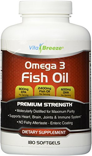 image for VitaBreeze Omega 3 Fish Oil Supplement (180 Softgels) - 2400mg Triple 
