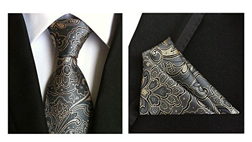 MENDENG Men Silver Black Red Floral Paisley Necktie Silk Tie Hanky 2 Pieces Sets