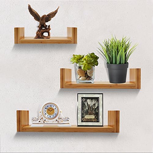 XiaZ Floating Shelves U Shaped, DIY Nature Bamboo Wall Mounted Shelf Set of 3, Display Storage Decorative Unit for Home, Office, Living Room, Bathroom