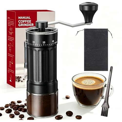 Molinillo de Café Manual Grosor Ajustable,Molinillo de Café 40 Ajustes Ajustables,Coffee Grinder Portátil con Tarros de Cristal para Coffee Grinder Portátil Ideal uso Doméstico Campamento (Negro)