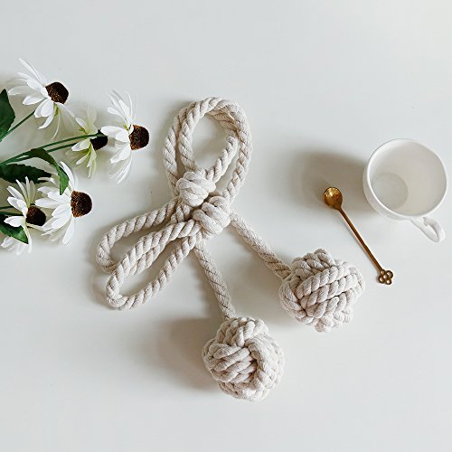 BUZIO 2 – Pack Window Curtain Rope Holdbacks – Decorative Hand-knitted Cord Cotton Tiebacks for Blackout Curtain, Beige - Thumbnail 4