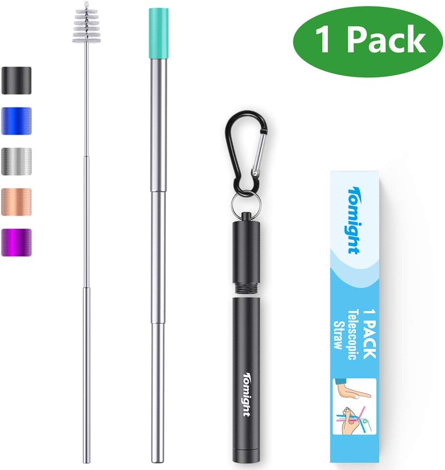 Tomight Telescopic Reusable Straws, Folding Metal Straw with Case in Stainless Steel, Drinking Straws with Cleaning Brush & Carabiner, Perfect for Travel, Home, Office