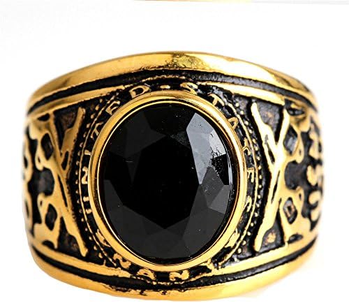 ALBEST Jewelry Men's Titanium Steel Mosaic Black Gemstone Rings, Vintage Gold and Black Size 12