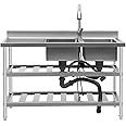 Free Standing Commercial Kitchen Sink 2 Compartment Stainless Steel Prep & Utility Sink 201 Stainless Steel Freestanding Kitchen Sink for Restaurant, Kitchen, Outdoor (Dual Bowl Style w/Baffle)