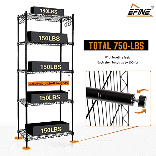 EFINE 5Shelf Shelving Unit Rack with 8Hook and Liners, NSF Certified