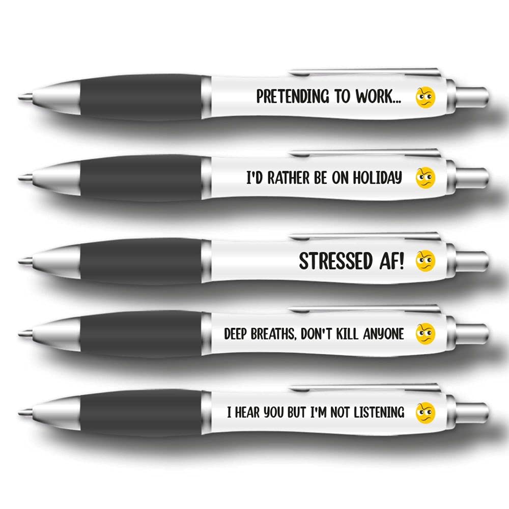 Silly Sentiments 5 Pack Funny Pens - Stress Head Pen Pack - Pen Set For Colleague's Birthday and Leaving Gift - Funny Stationery Novelty Gift for Friends - Office Desk Accessories