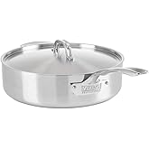 Viking 5-Ply Deep Frying Pan with Lid, 6.4 Quart Stainless Steel Saute Cooking Pot, Dishwasher and Oven Safe, Induction Ready, Satin Finish