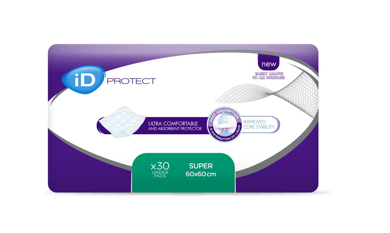 ID Expert Protect Incontinence Bed Protector, 60 x 60 cm, 1125ml, 30 Pads, Easily Protects Furniture, Designed with a Diamond Structure