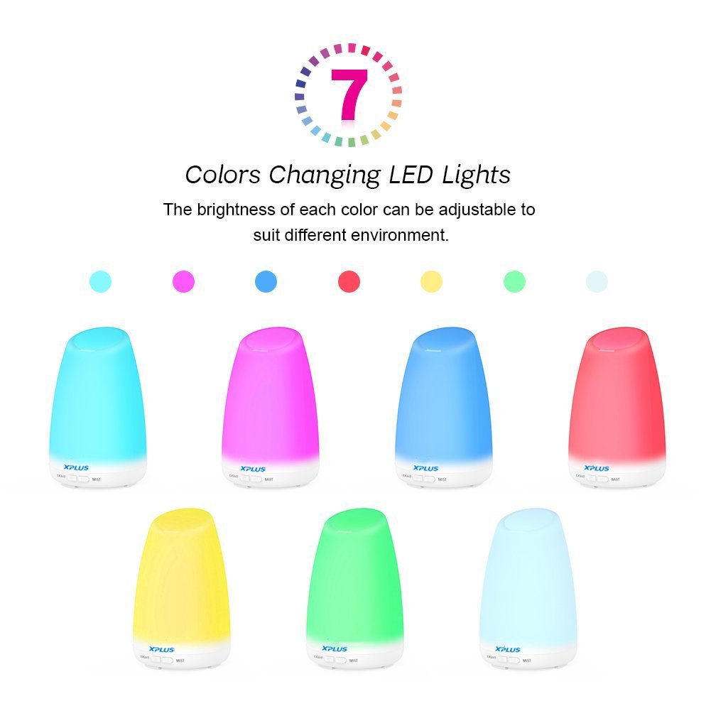 Essential Oil Diffuser, XPLUS 120ML Portable Ultrasonic Aromatherapy Diffusers with Multi-Changeable Colored LED Lights and Waterless Auto Shut-off Adjustable Mist Mode for Bedroom,Nursery or Office