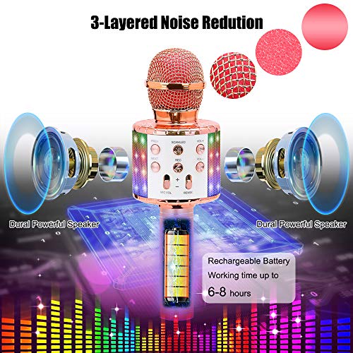 Bluetooth Karaoke Wireless Microphone, Ankuka 4 in 1 Handheld Karaoke Machine Speaker Player with Dancing LED Lights for Home KTV Party/Kids Singing (Rose Gold)