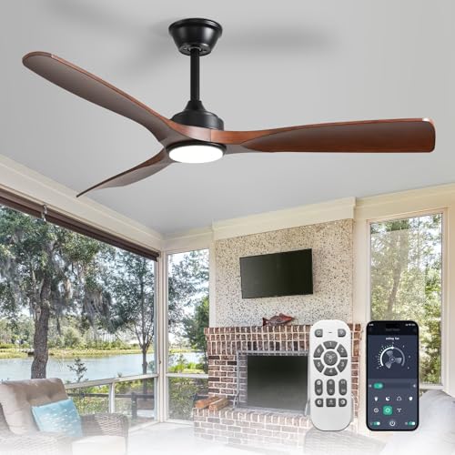 Depuley Ceiling Fan with Modern Light: 52 Inch Outdoor Fan with APP Remote for Patio - Walnut 3 Blade Fan Indoor