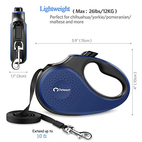 Peteast Retractable Dog Leash Small Breed, Patented Dog Leash for Small Dog, Leash Up to 26lbs, 10ft, Portable Design with One Button Brake/ Lock, Comfortable Hand Gripï¼ŒBlue