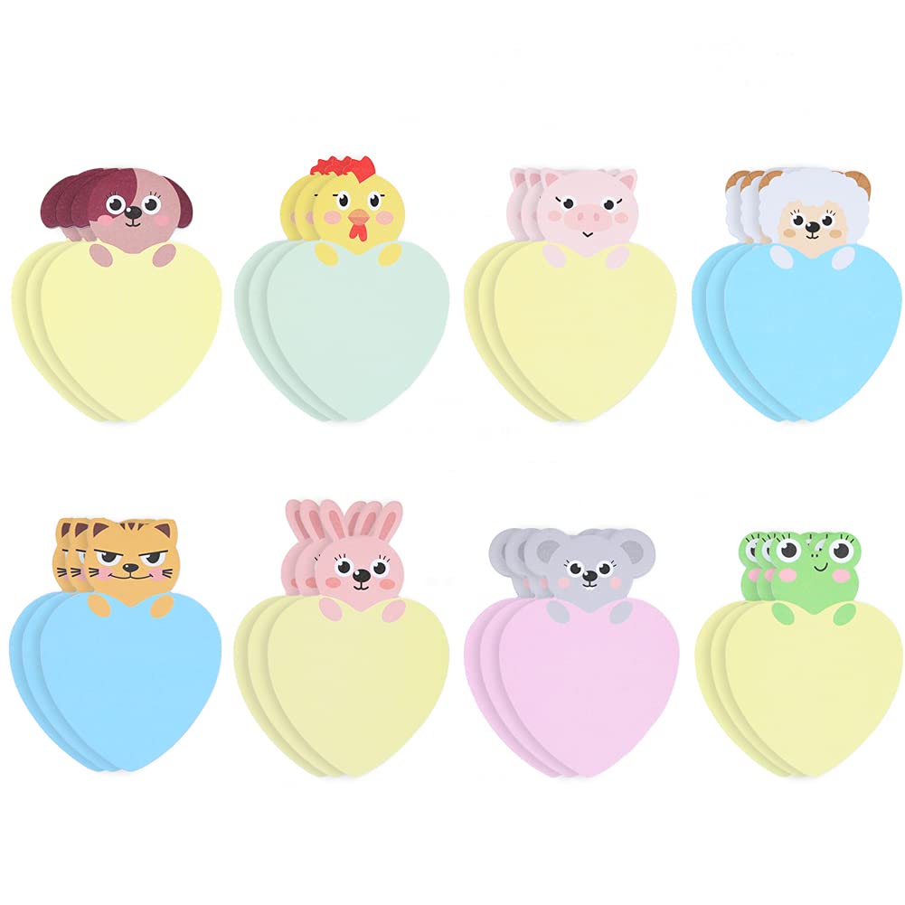 Geluode 24 Pack Cute Animal Sticky Notes, 8 Patterns: Chicken, Mouse, Tiger, Puppy, Rabbit, Lamb, Pig, Frog Memo Note