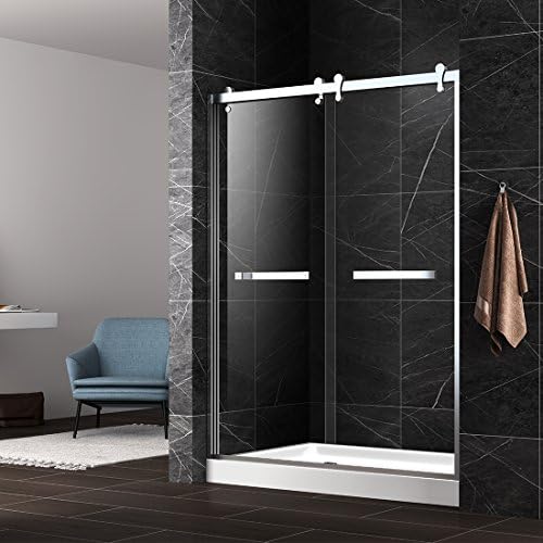 FerdY Frameless Sliding Shower Door, Polished Stainless Steel Finish, 56-60 inches Width, 75 inches Height, Tempered Glass (Double Sliding Door)
