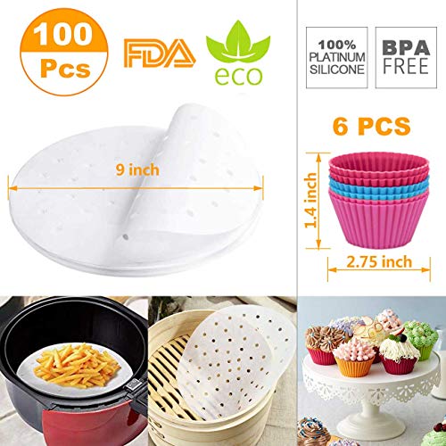 XL Air Fryer Accessories, Set of 14 for Gowise Phillips Cozyna 4.2/4.5/5.5/5.8/6.5/6.8 QT wiith Recipe Cookbook, No Rusting 8'' Cake Barrel, Pizza Pan, 9'' Air Fryer Liners, Silicone Oil Brush, Baking Cups, Plate Gripper - Thumbnail 5