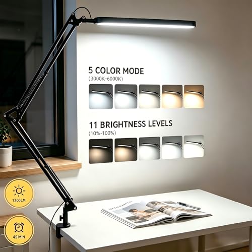 SKYLEO Desk Lamp-Flexo LED Desk Lamp 1300LM - 5 Color Modes x 11 Brightness Levels - Adjustable Swing Arm - Timer and Memory Function - 12W Flexo - Black