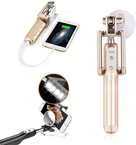 Selfie Stick + Power Bank + 3 Brightness LED Light + Mirror, Multi-function Remote Camera Shutter Combo 270 Angle Rotation Flasher Stick for iPhone Samsung Galaxy Note Android Phones (Gold)