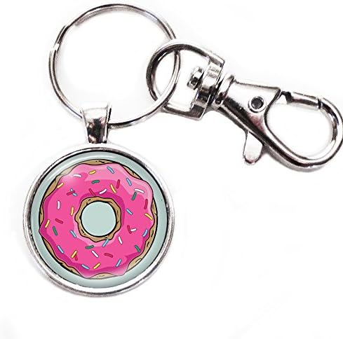 Donut with Pink Icing - Silver Keychain with Glass Image, Large Lobster Claw